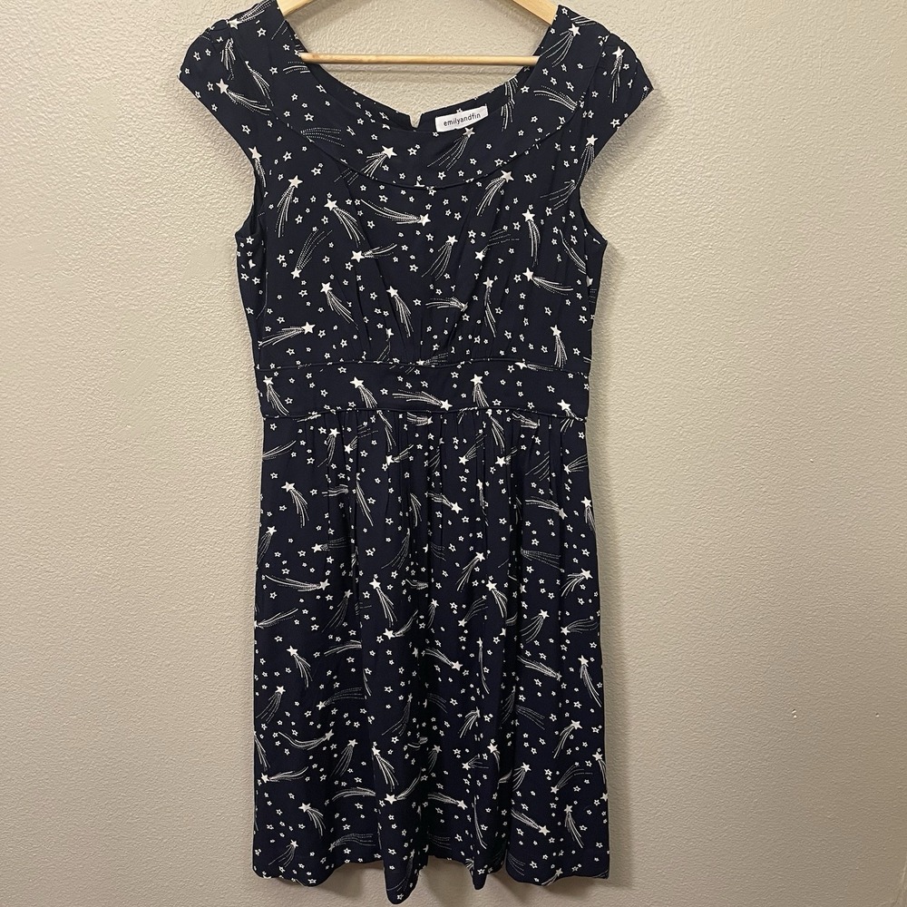 Modcloth Emily & Fin Celestial Shooting Star Dress Navy Pockets Whimsygoth Sz L
